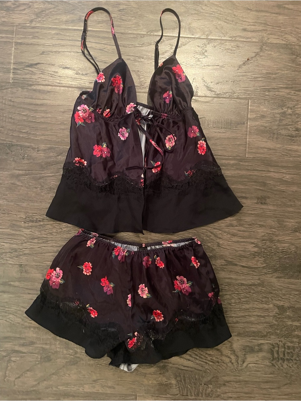 Victoria’s Secret Floral Satin Cami & Shorts Sleep Set - Black with Pink Floral